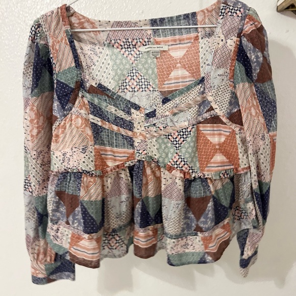 American Eagle Outfitters Tops - American Eagle Outfitters Patchwork Peasant Blouse - Green, Pink, Navy, Cream